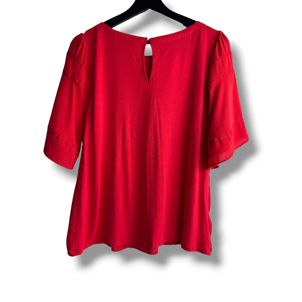 LOFT Mixed Media Blouse Women S Red Ladder Lace Trim Short Sleeve Round Neck - Picture 2 of 7